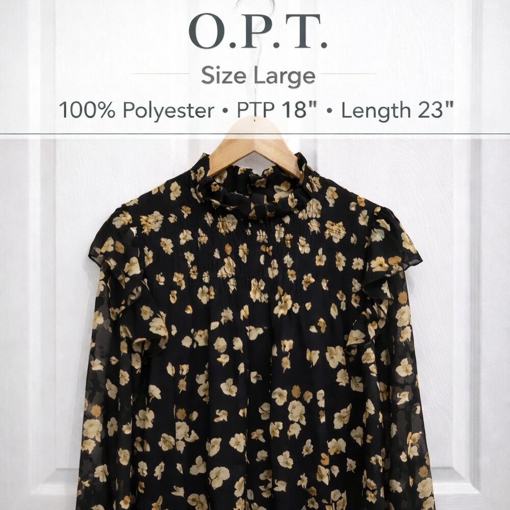 O.P.T. Floral Ruffle Neck Blouse Large Black Sheer Long Sleeve Romantic Top - Picture 1 of 15